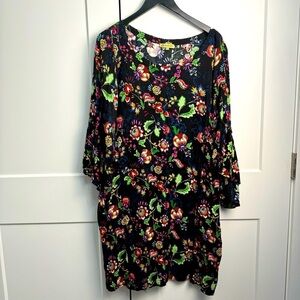 Democracy Multicolor Floral Dress Black Bell Sleeves XL Rayon